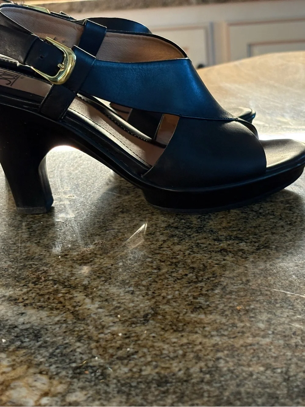 Sofft Black Leather Open-Toe Slingback Block Heels